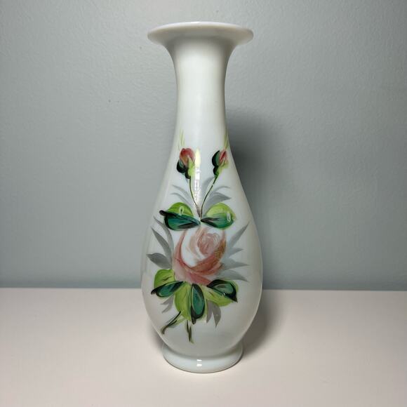 Vintage 40s White Opaline Glass Hand Painted Vase Blown Art Glass Floral - Picture 2 of 12